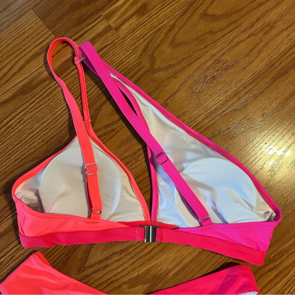 NWOT Neon Pink Orange Split One Shoulder Bikini Set size L - Picture 5 of 9